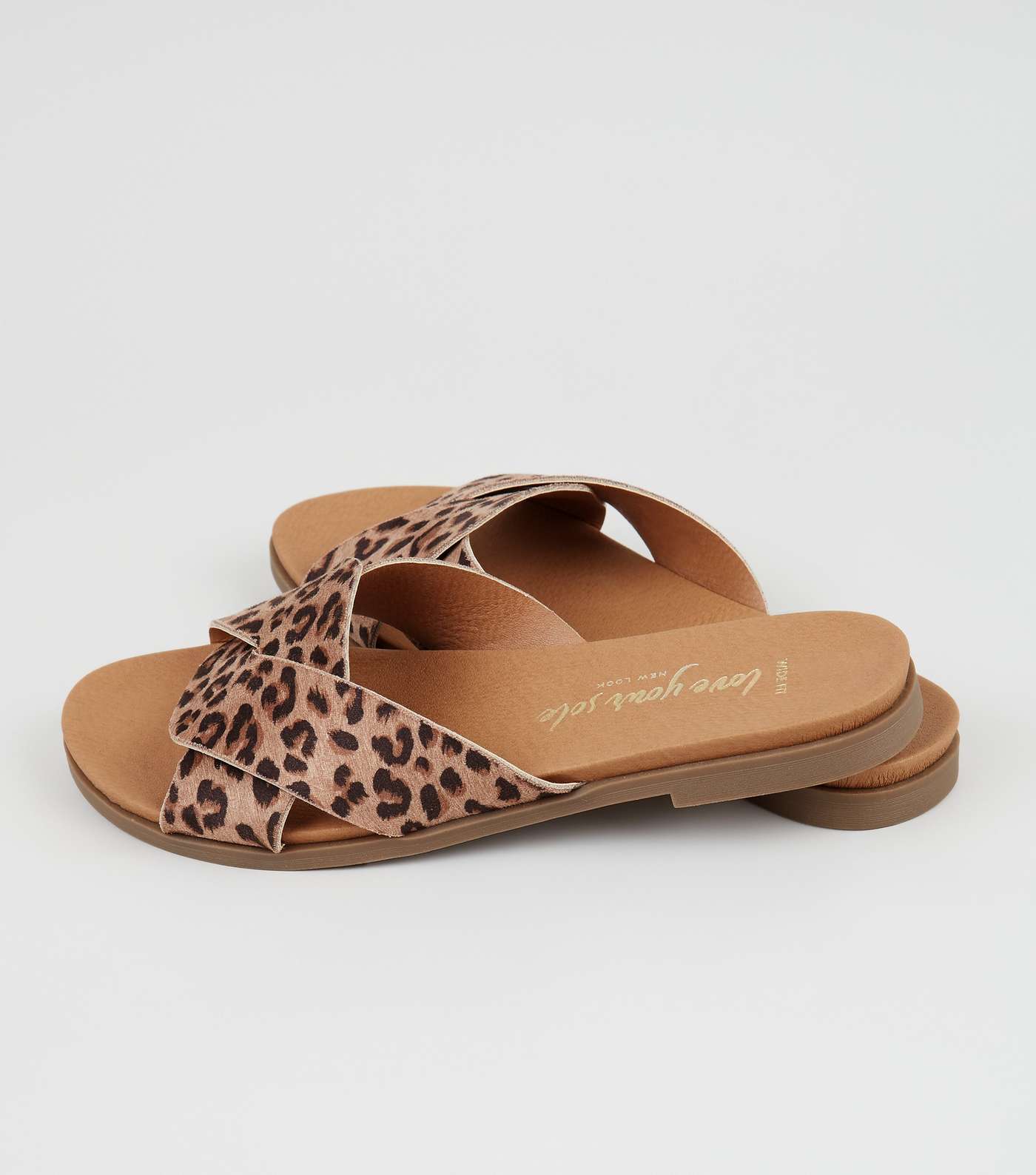 Wide Fit Stone Leopard Print Footbed Sliders Image 5
