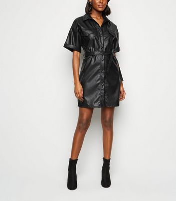 black leather look shirt dress