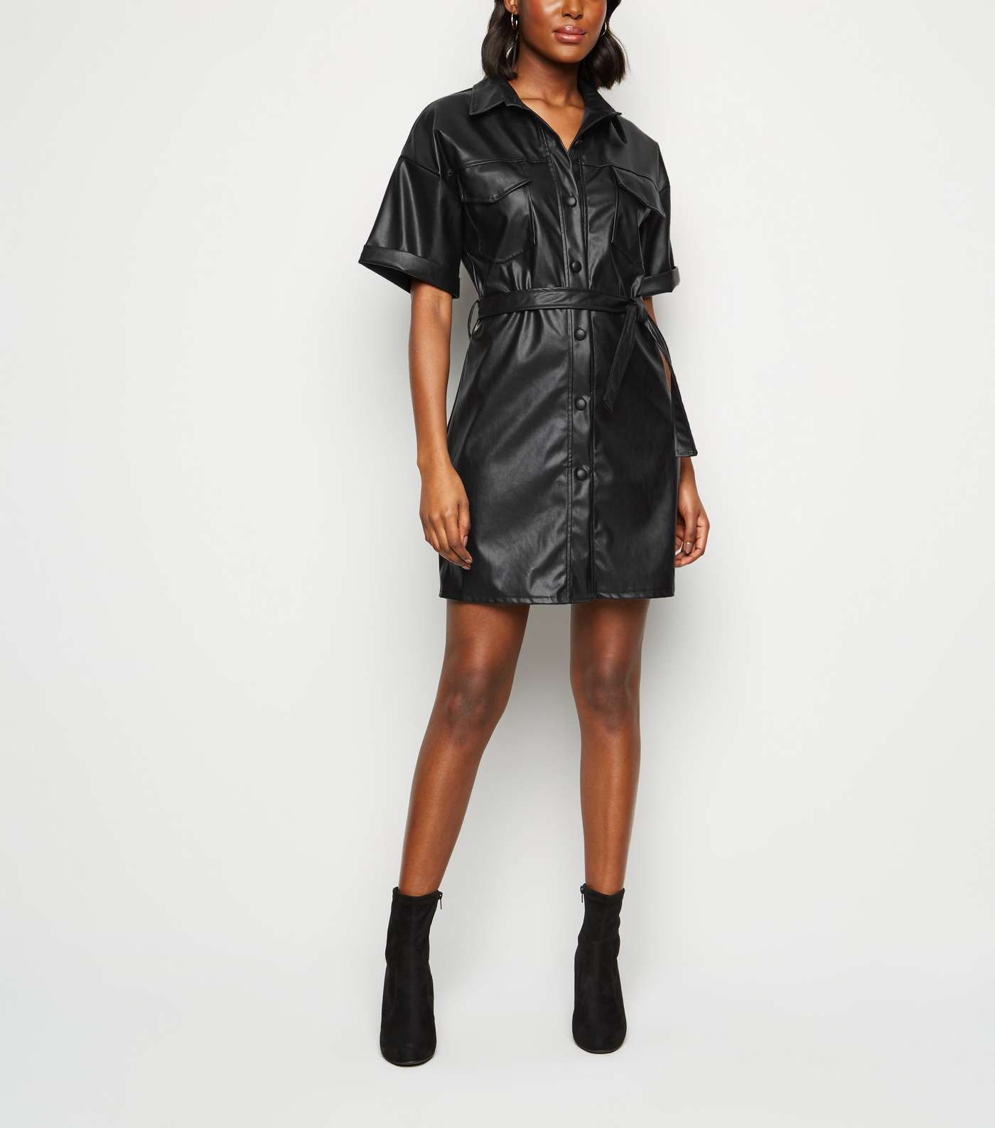 Cameo Rose Black Leather-Look Utility Shirt Dress Image 2