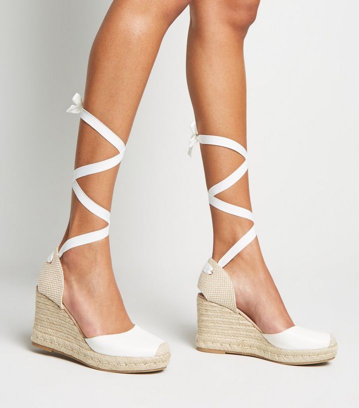 White Leather-Look Ankle Tie Espadrille Wedges | Look