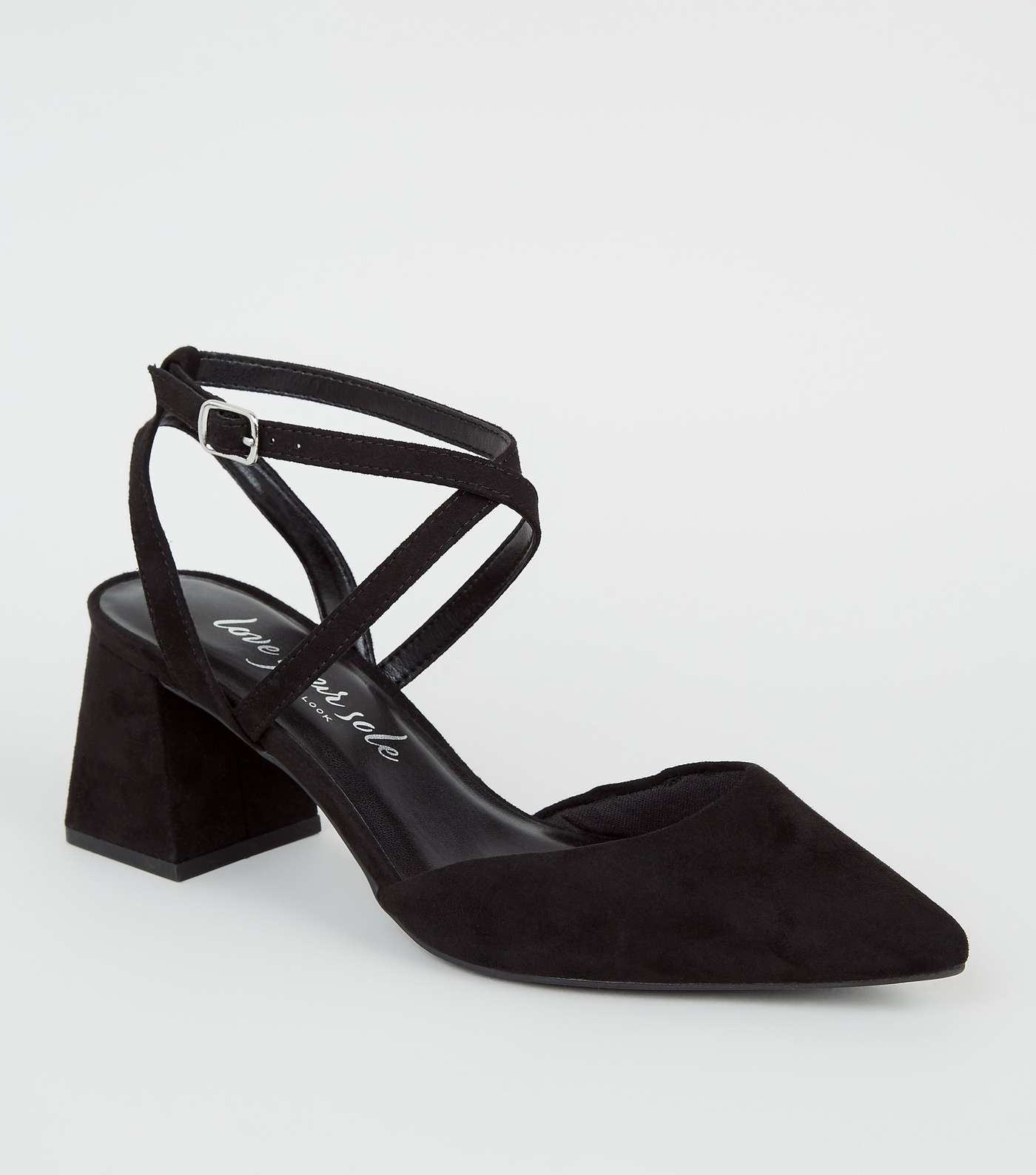 Black Suedette Cross Strap Flared Heel Court Shoes