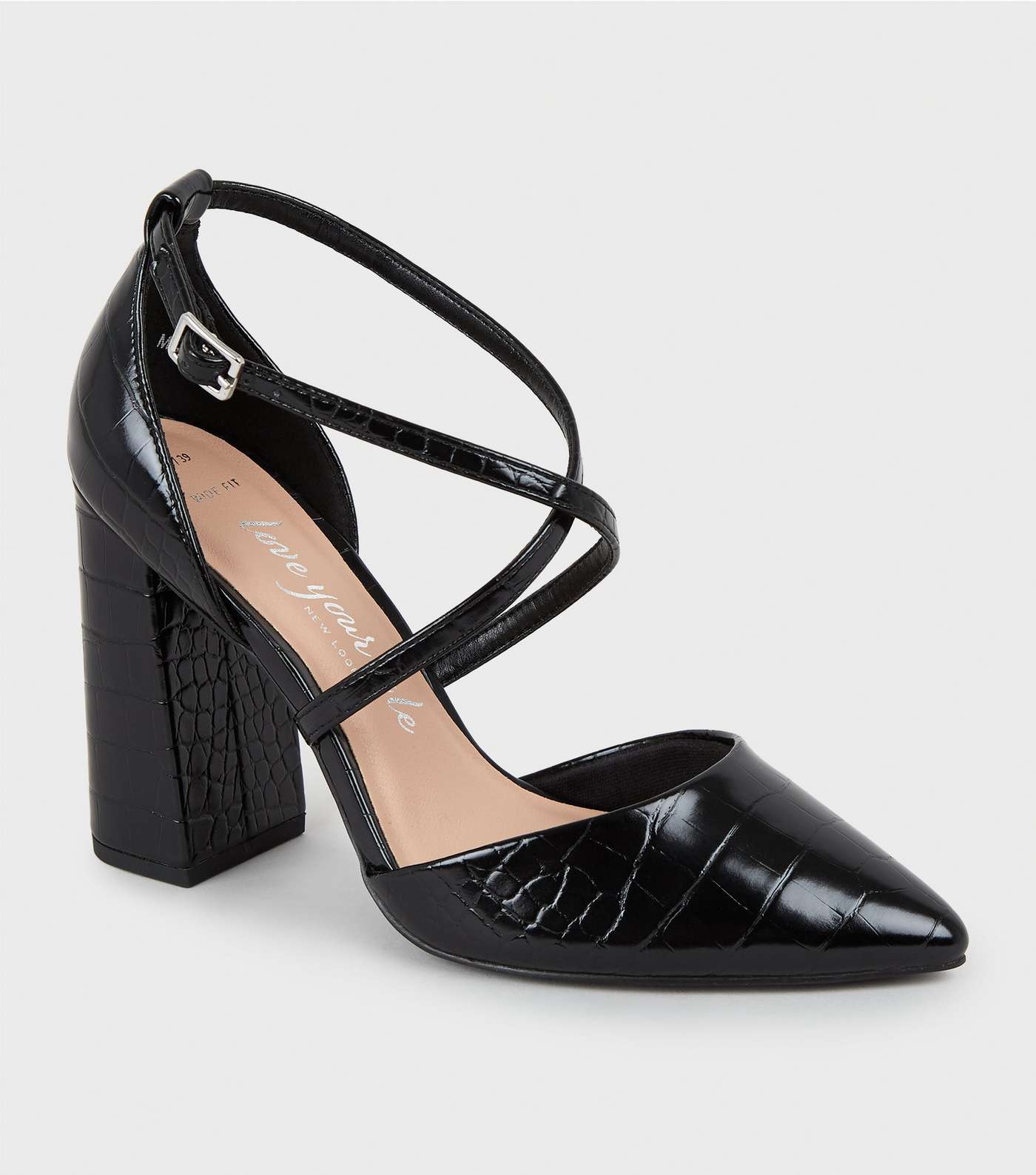 Wide Fit Black Faux Croc Flared Court Shoes