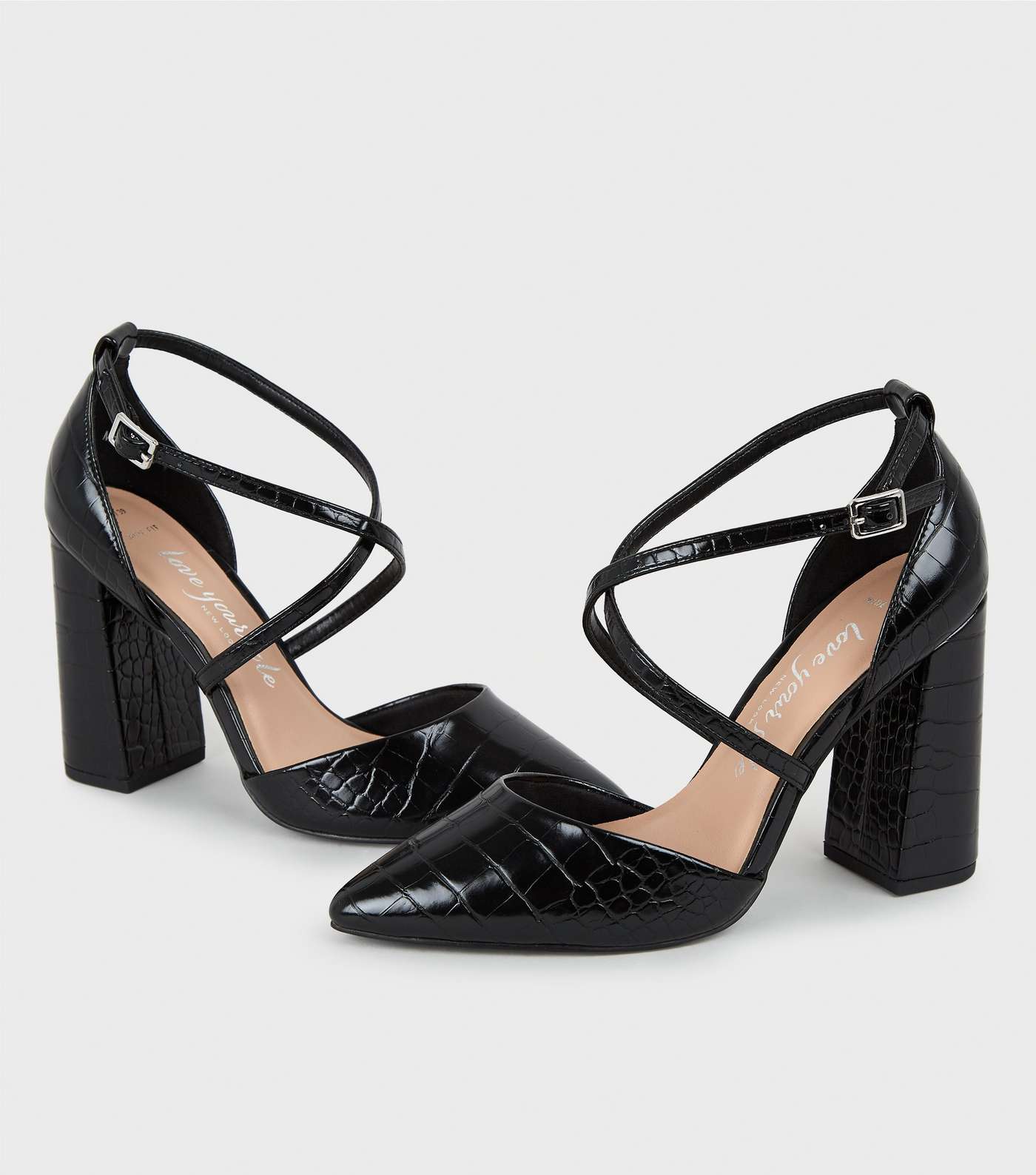 Wide Fit Black Faux Croc Flared Court Shoes Image 3