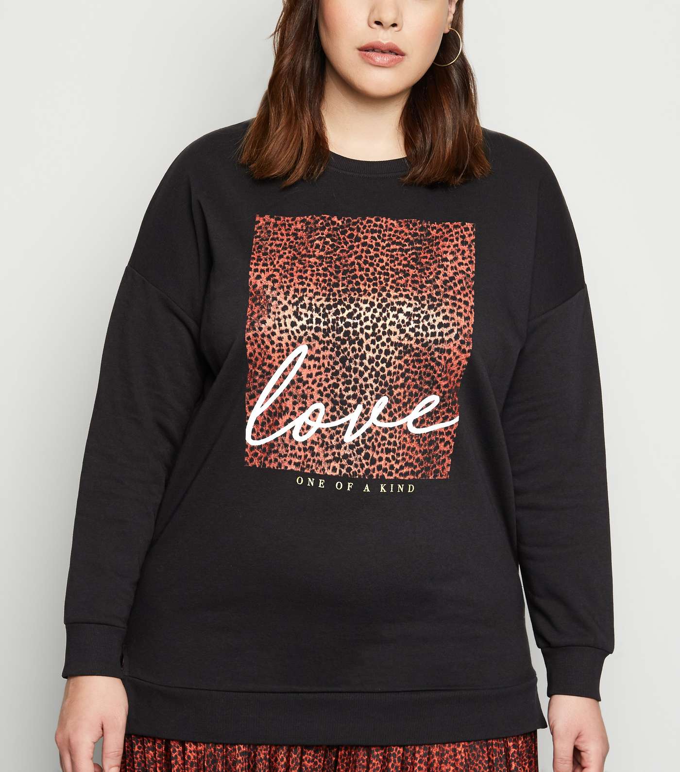 Curves Black Leopard Print Love Slogan Sweatshirt