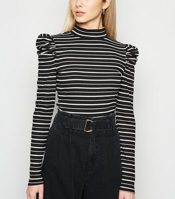 Black Stripe Puff Sleeve High Neck Top 