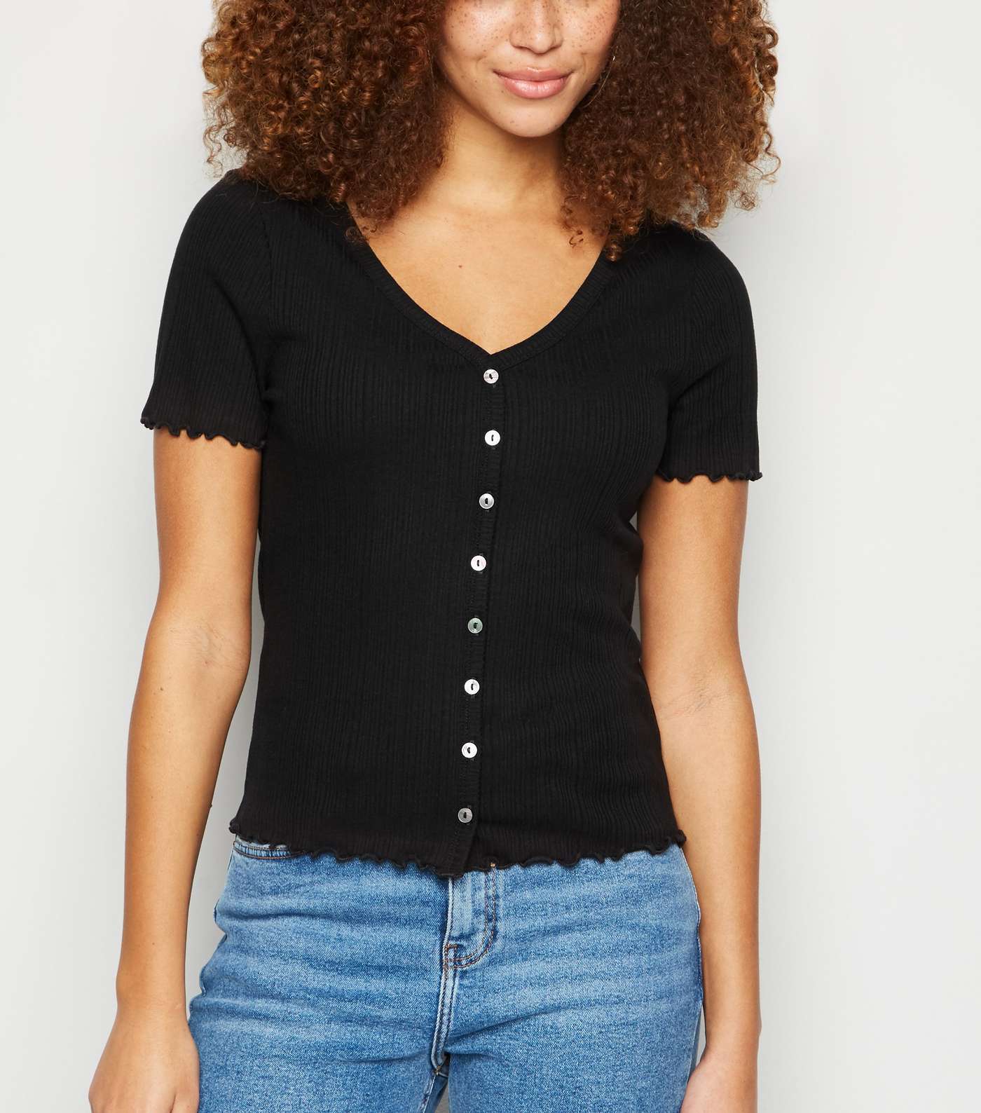 Black Ribbed Button Front T-Shirt