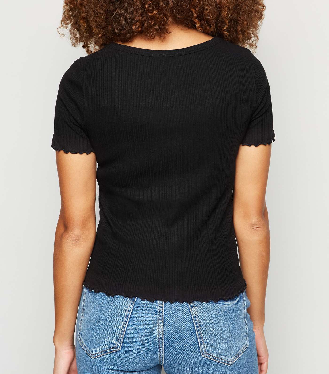 Black Ribbed Button Front T-Shirt Image 3