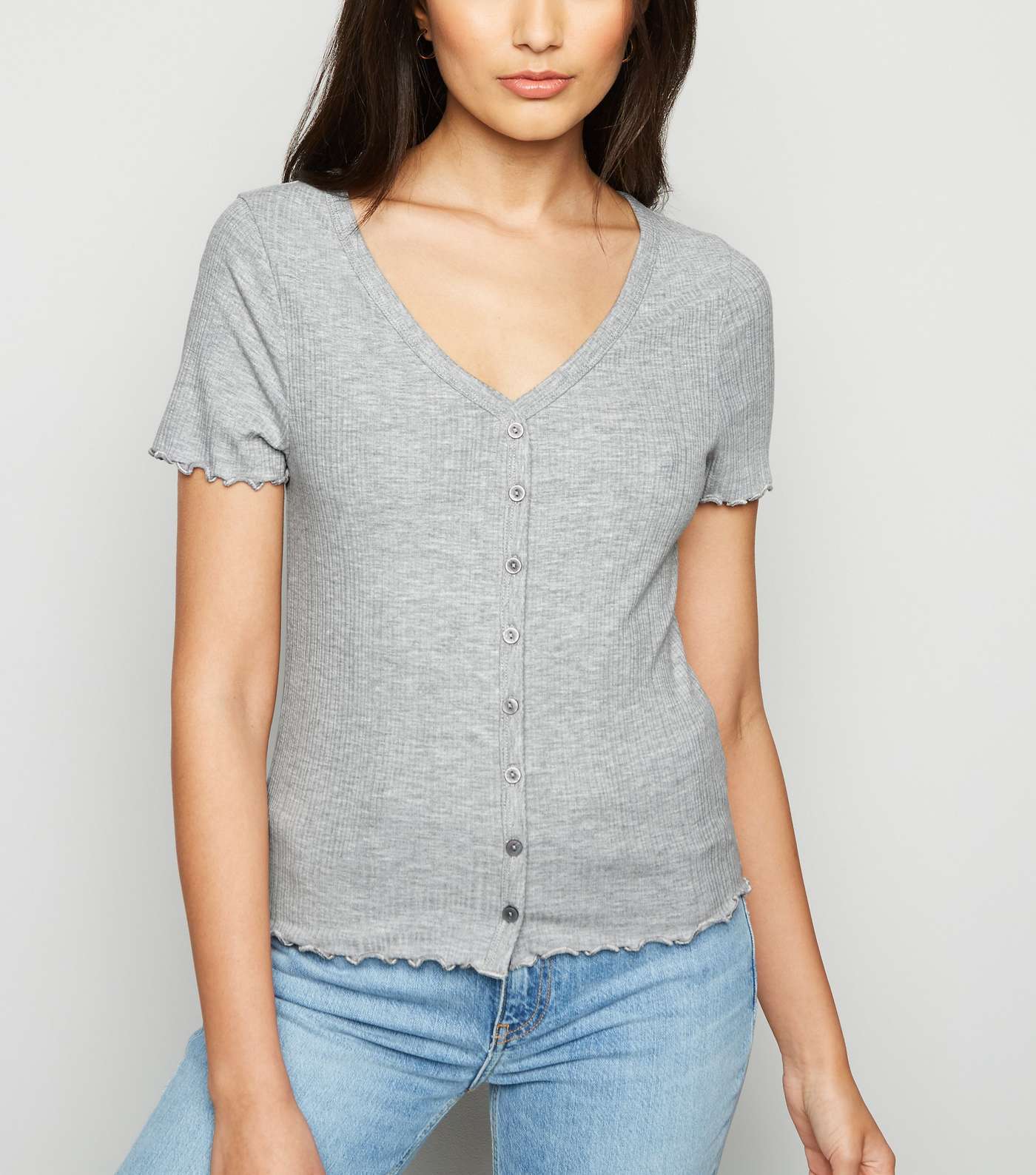 Grey Marl Ribbed Button Front T-Shirt