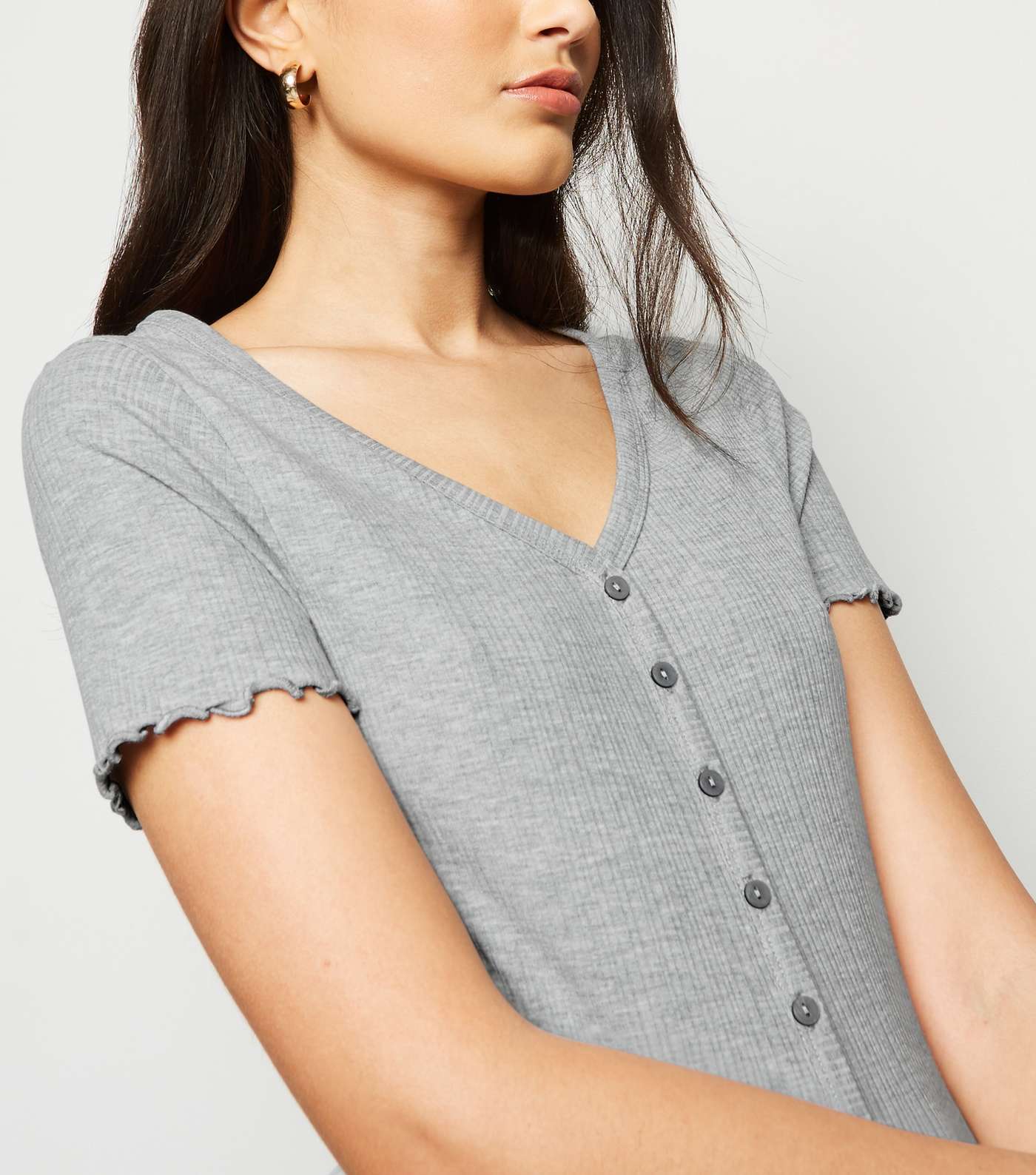 Grey Marl Ribbed Button Front T-Shirt Image 5