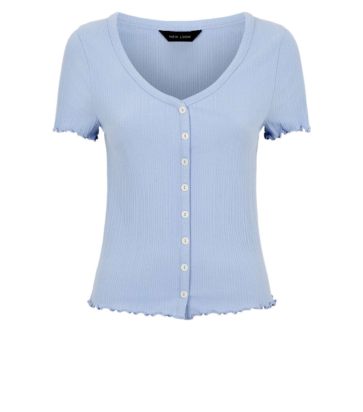 Pale Blue Ribbed Button Front T-Shirt Image 4