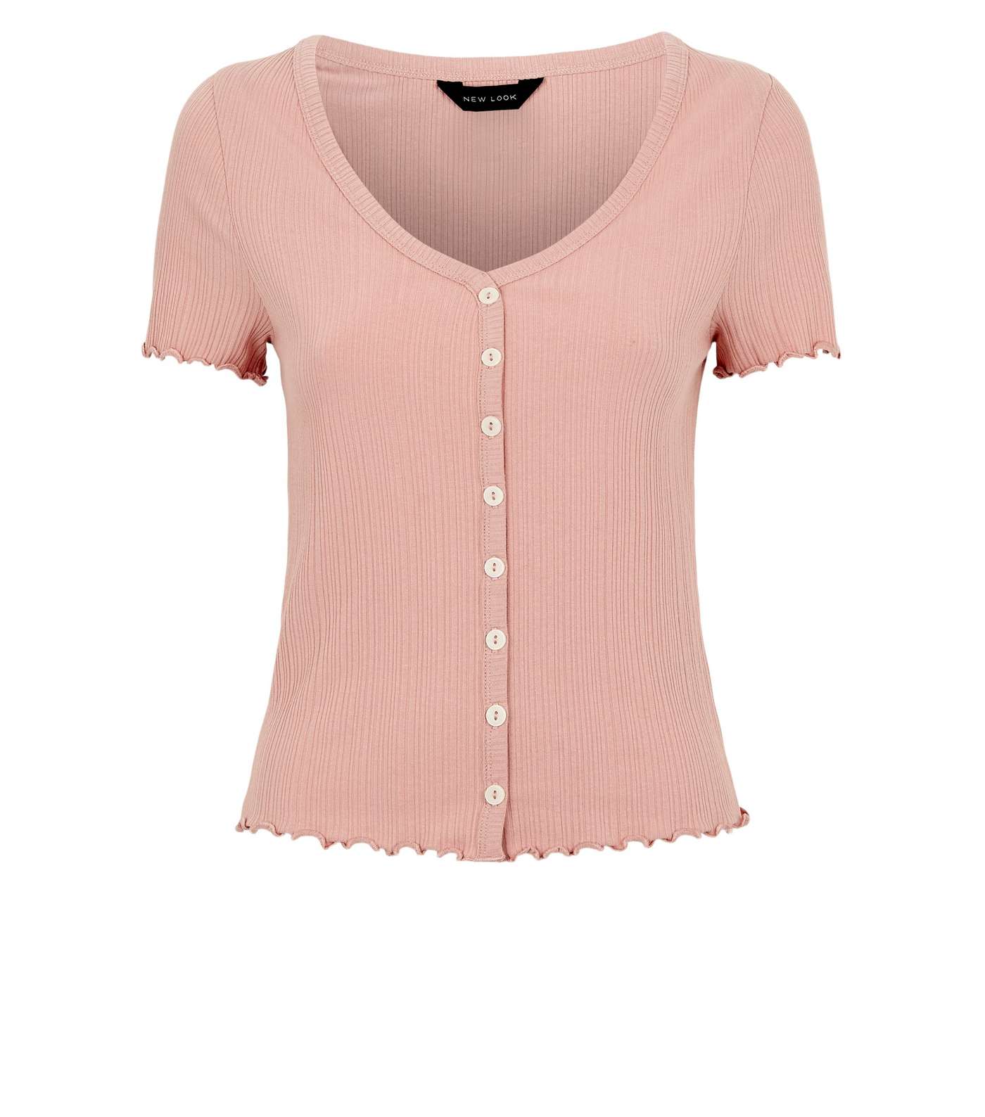 Pink Ribbed Button Front T-Shirt Image 4