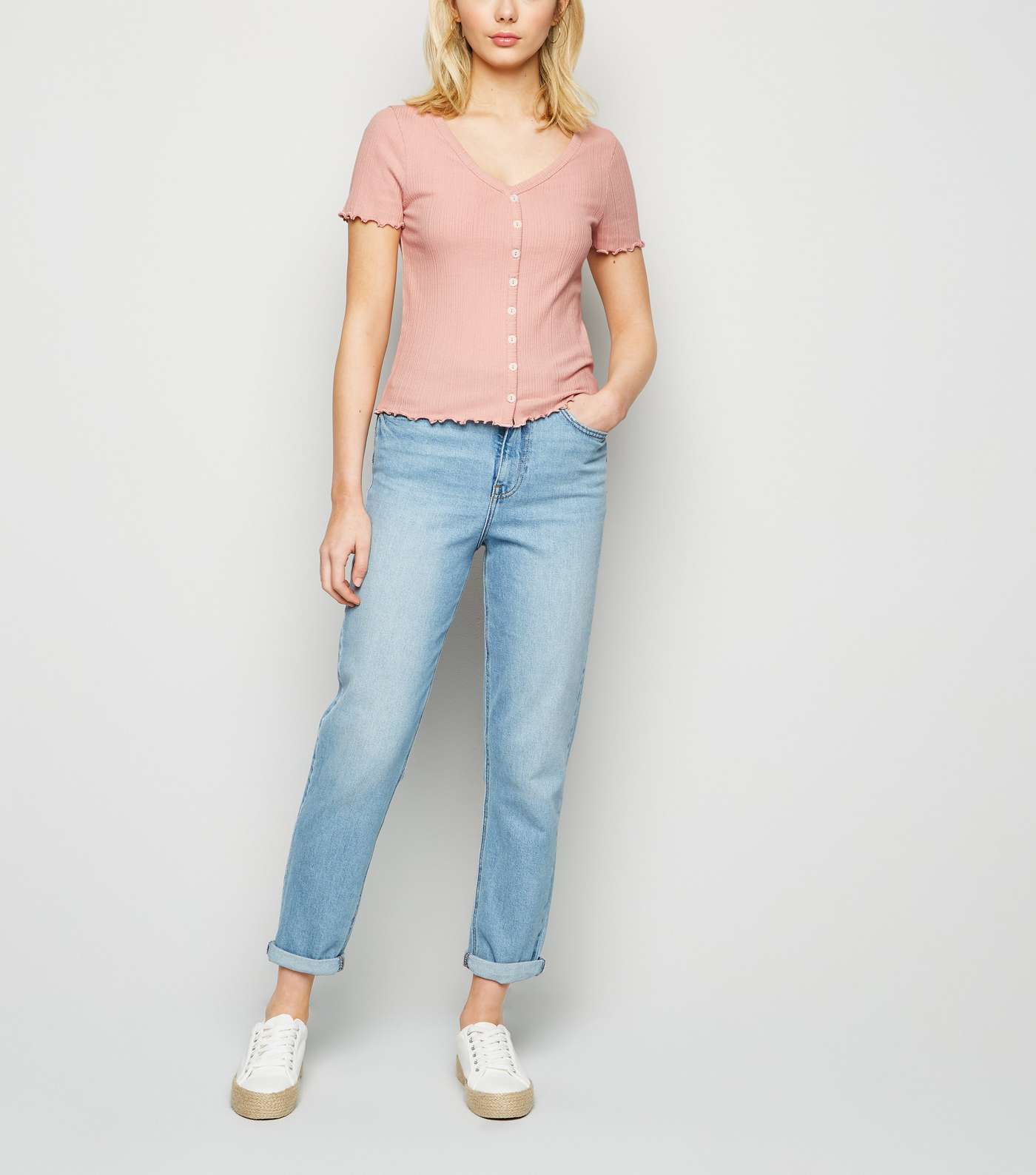 Pink Ribbed Button Front T-Shirt Image 2