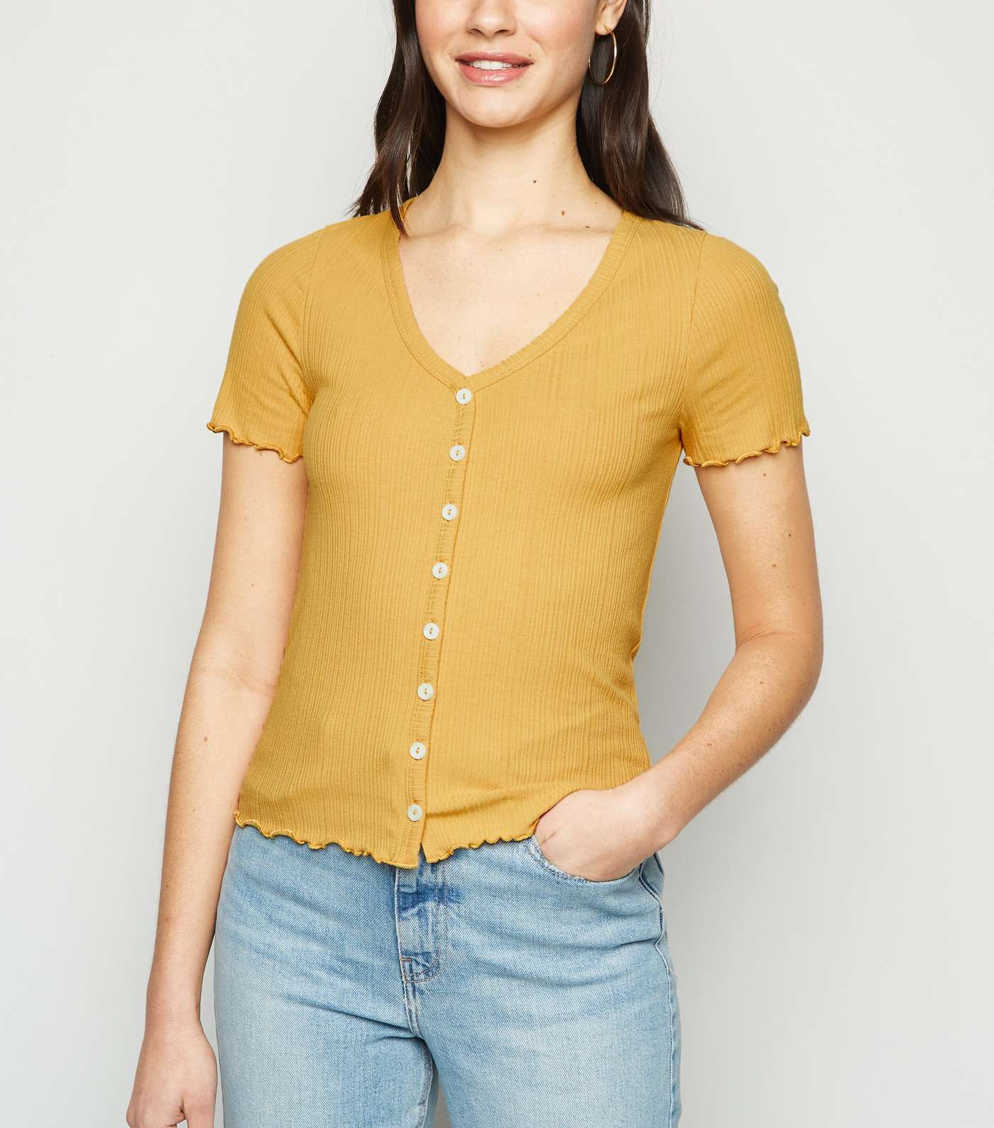 Mustard Ribbed Button Front T-Shirt