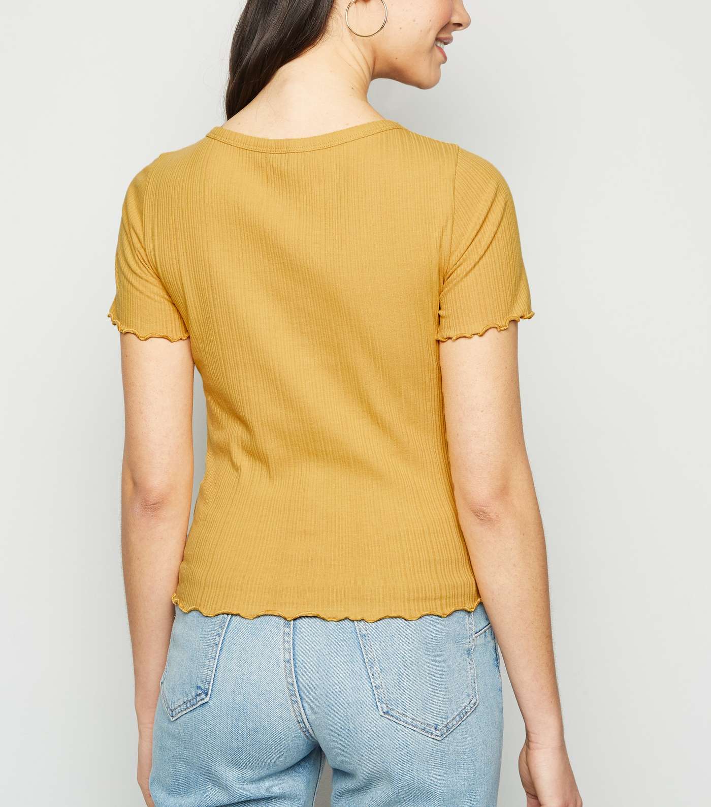 Mustard Ribbed Button Front T-Shirt Image 3