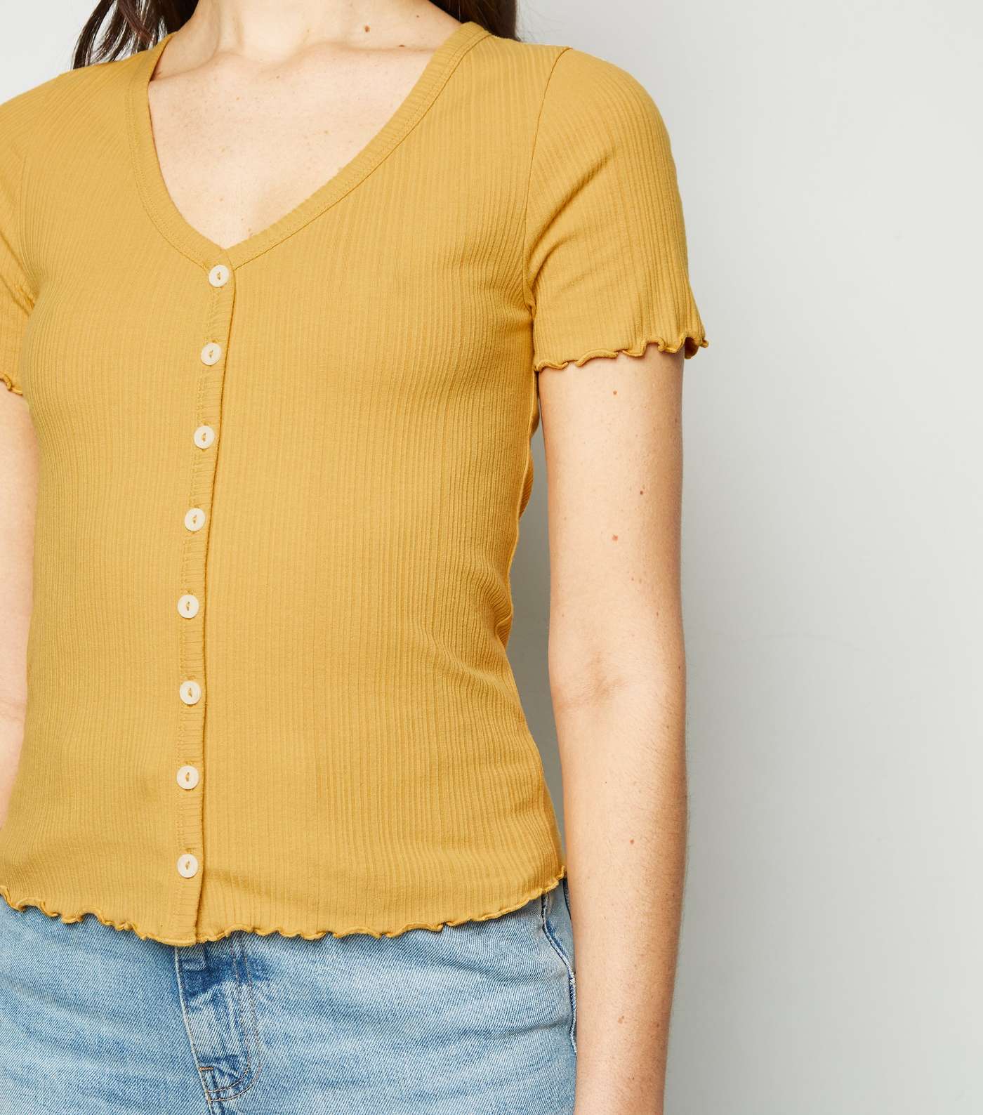 Mustard Ribbed Button Front T-Shirt Image 5