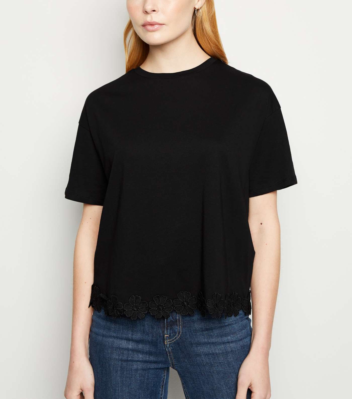 Black Floral Crochet Hem T-Shirt