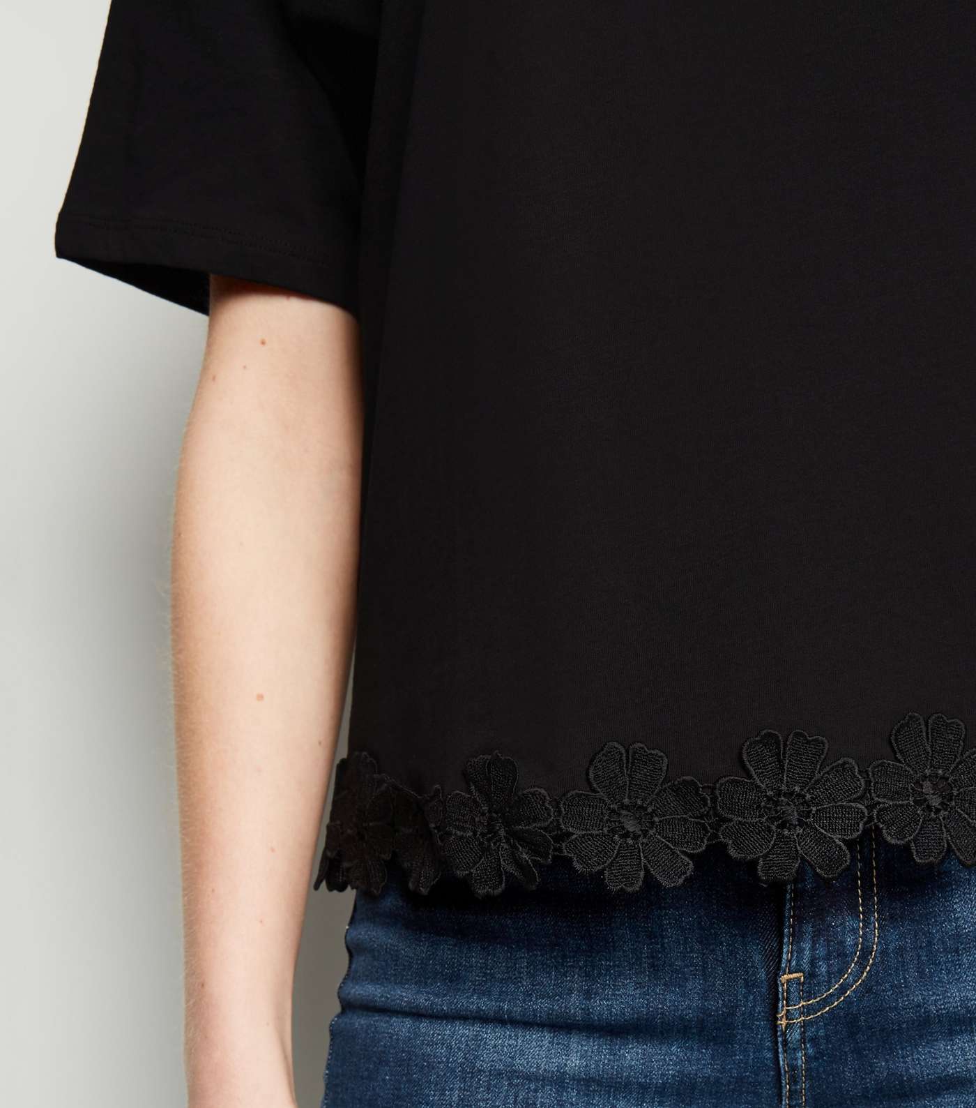 Black Floral Crochet Hem T-Shirt Image 5