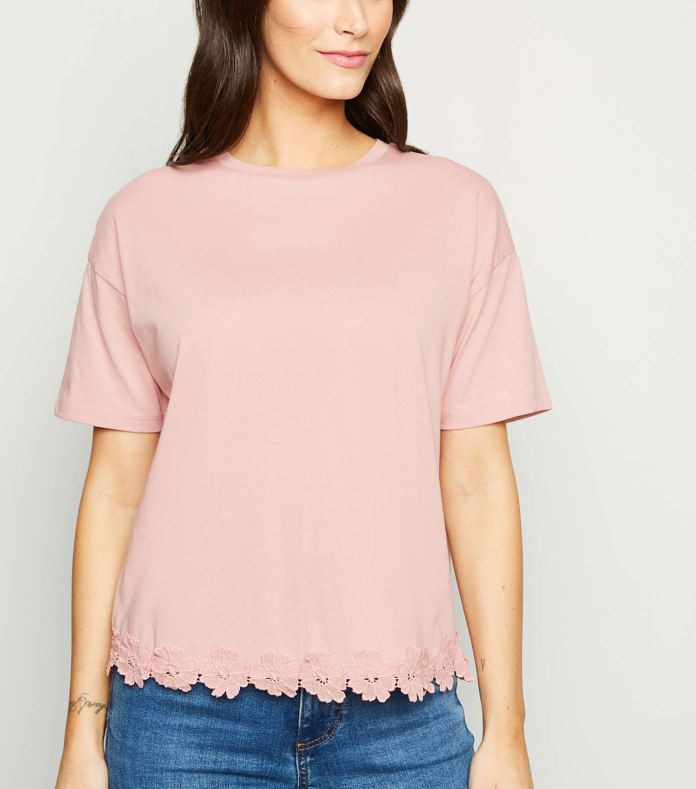 Pink Floral Crochet Hem T-Shirt