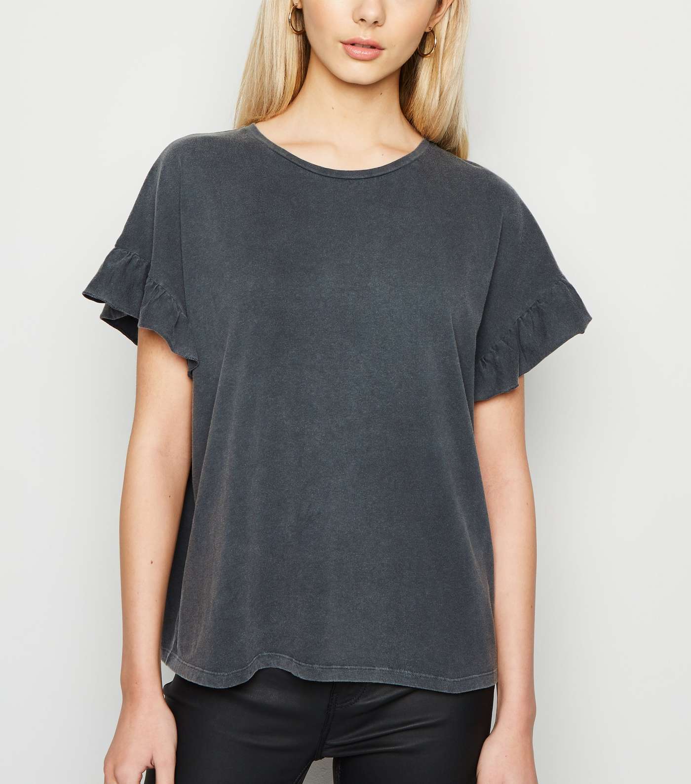 Dark Grey Acid Wash Frill Sleeve T-Shirt