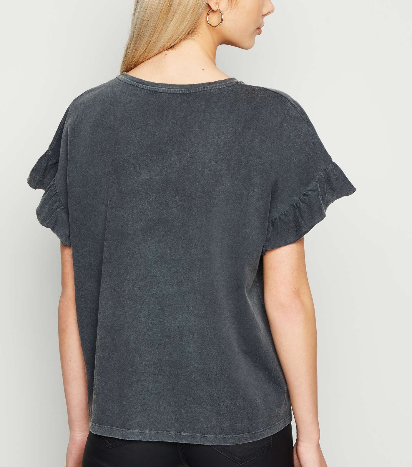 Dark Grey Acid Wash Frill Sleeve T-Shirt Image 3