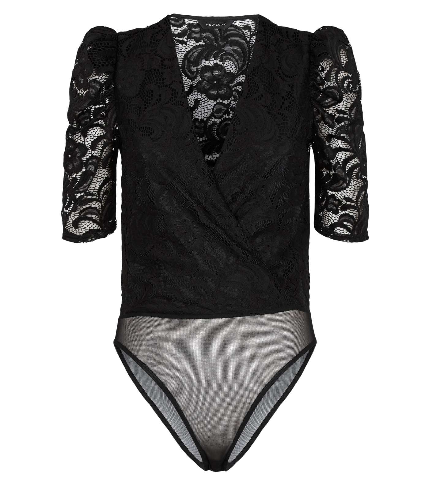 Black Lace Puff Sleeve Wrap Bodysuit Image 4