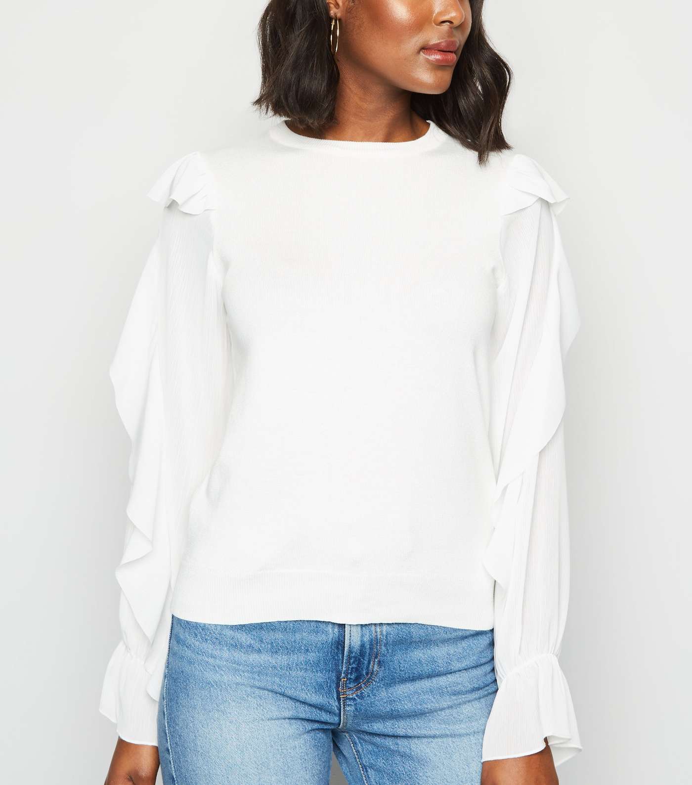 Off White Frill Sleeve Fine Knit Jumper