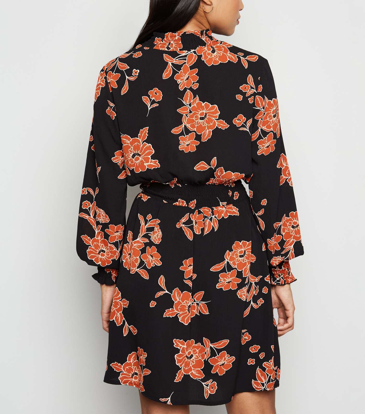 Petite Black Floral Shirred High Neck Dress Image 3