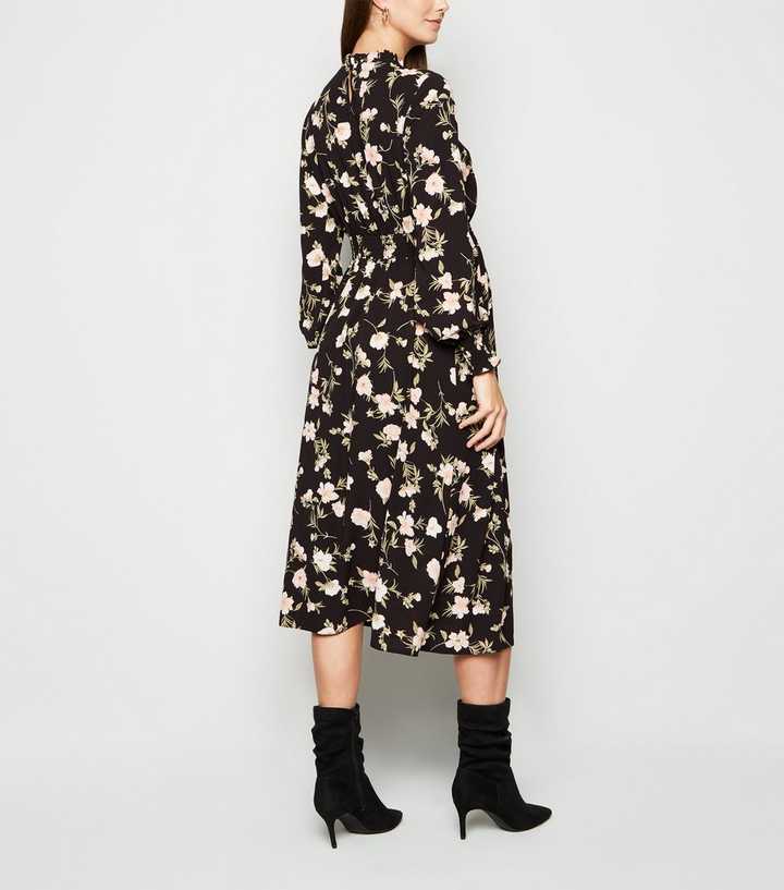 Emreco Floral Print Shirred Wrap Tea Dress - Black - 7554056 - TJC