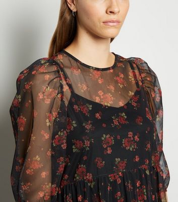 Image of Black Floral Mesh Mini Smock Dress New Look