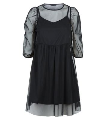 Image of Black Mesh Puff Sleeve Mini Smock Dress New Look