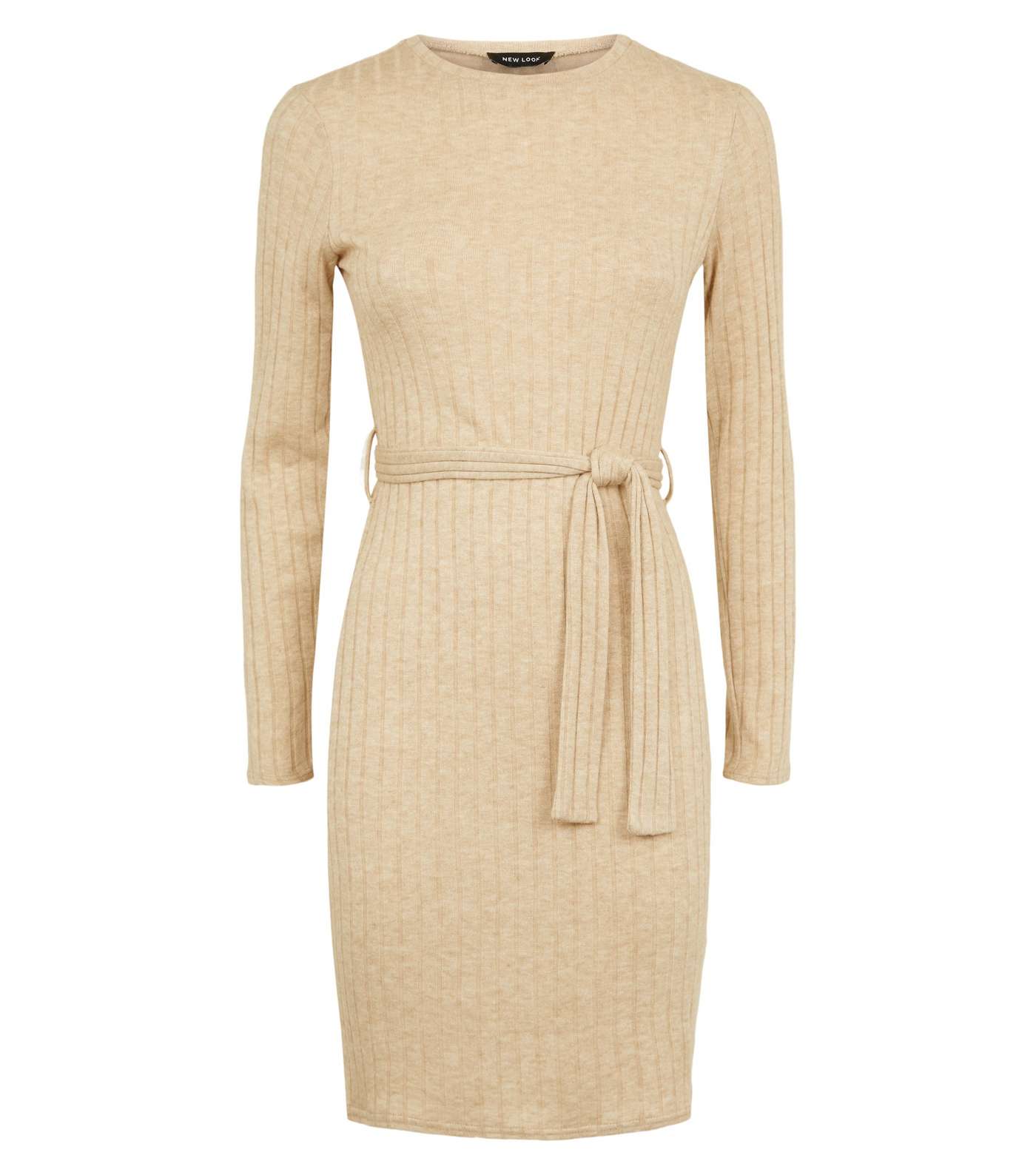 Cream Ribbed Knit Belted Mini Dress Image 4