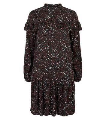 Image of Black Brushstroke Print Frill Smock Dress New Look