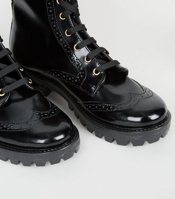 Black Leather-Look Lace Up Chunky 