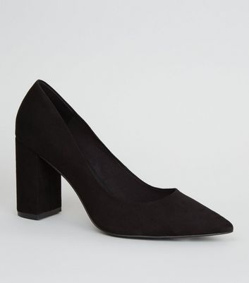 Black Suedette Block Heel Court Shoes 