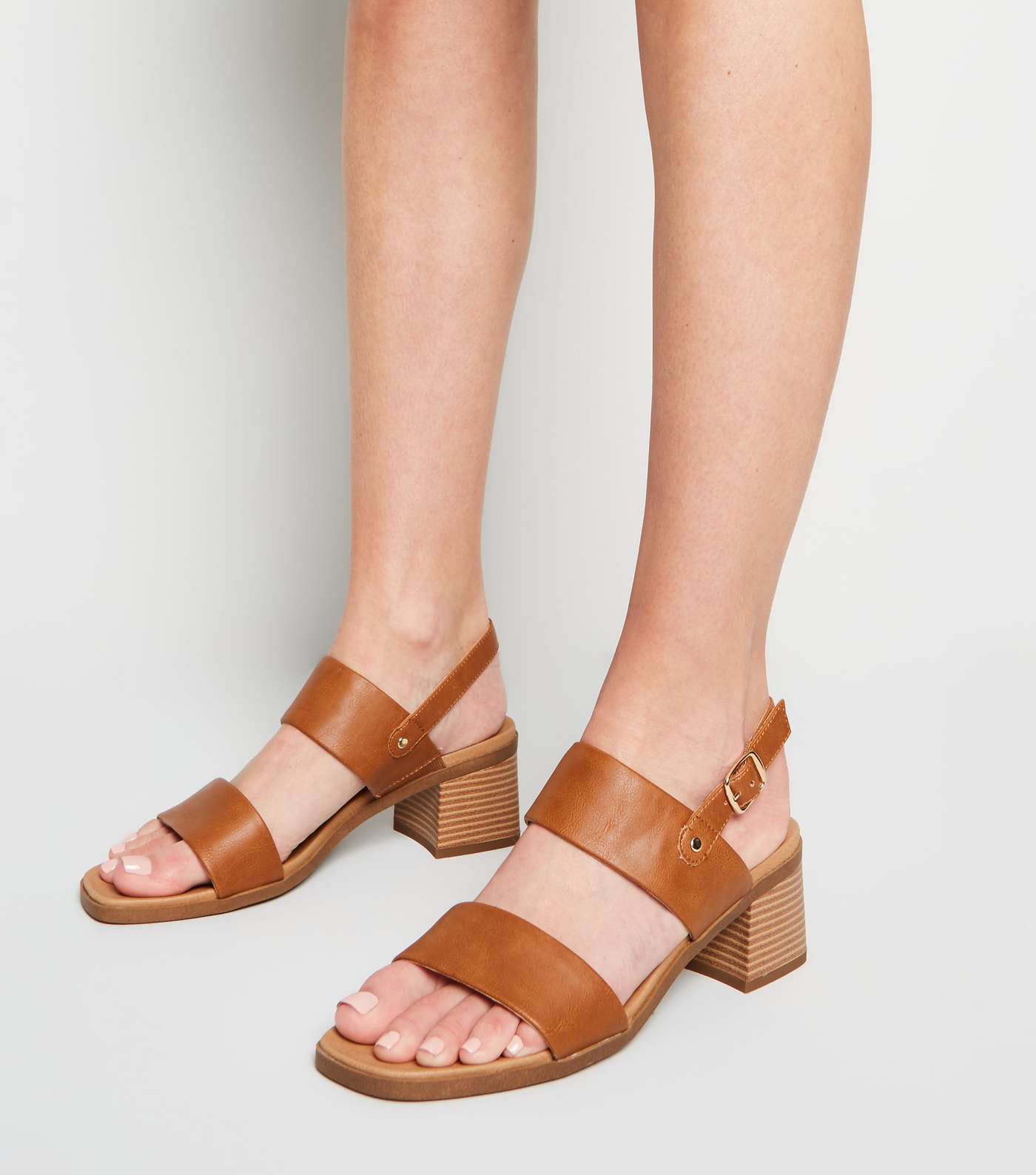Tan Leather-Look 2 Strap Block Heel Sandals Image 2