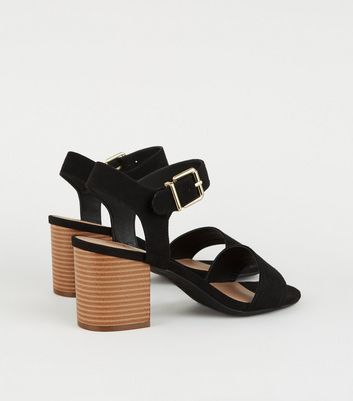 Black Suedette Wood Block Heel Sandals 