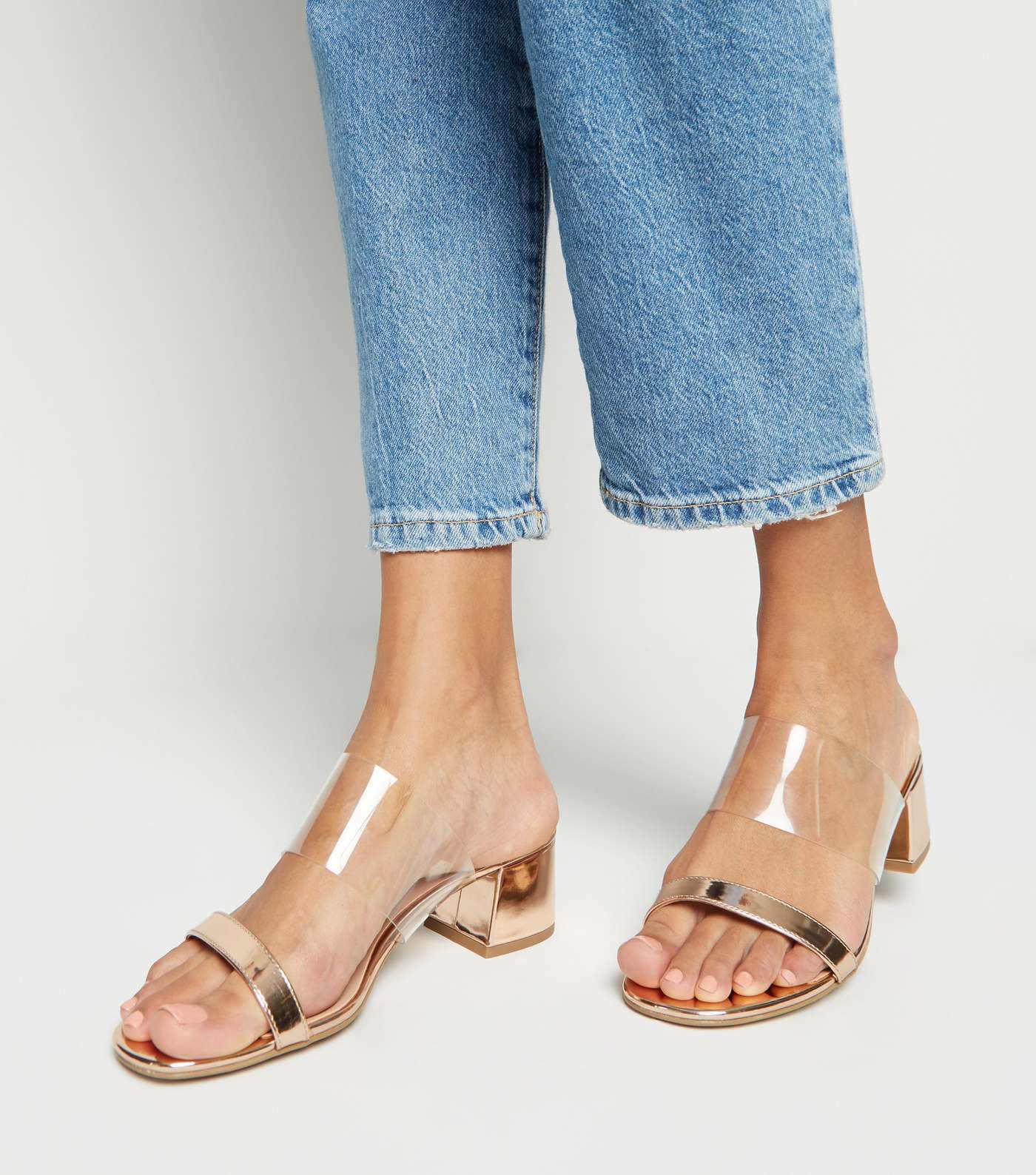 Wide Fit Rose Gold Metallic Clear Strap Mules Image 2