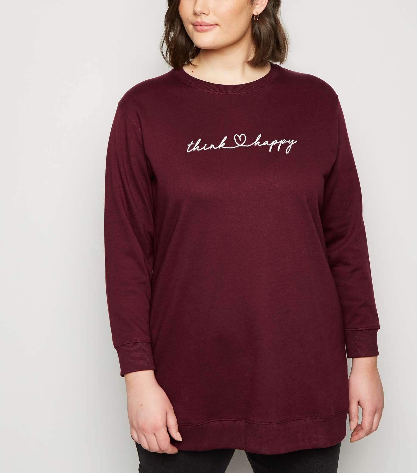 Curves Burgundy Think Happy Slogan Sweatshirt