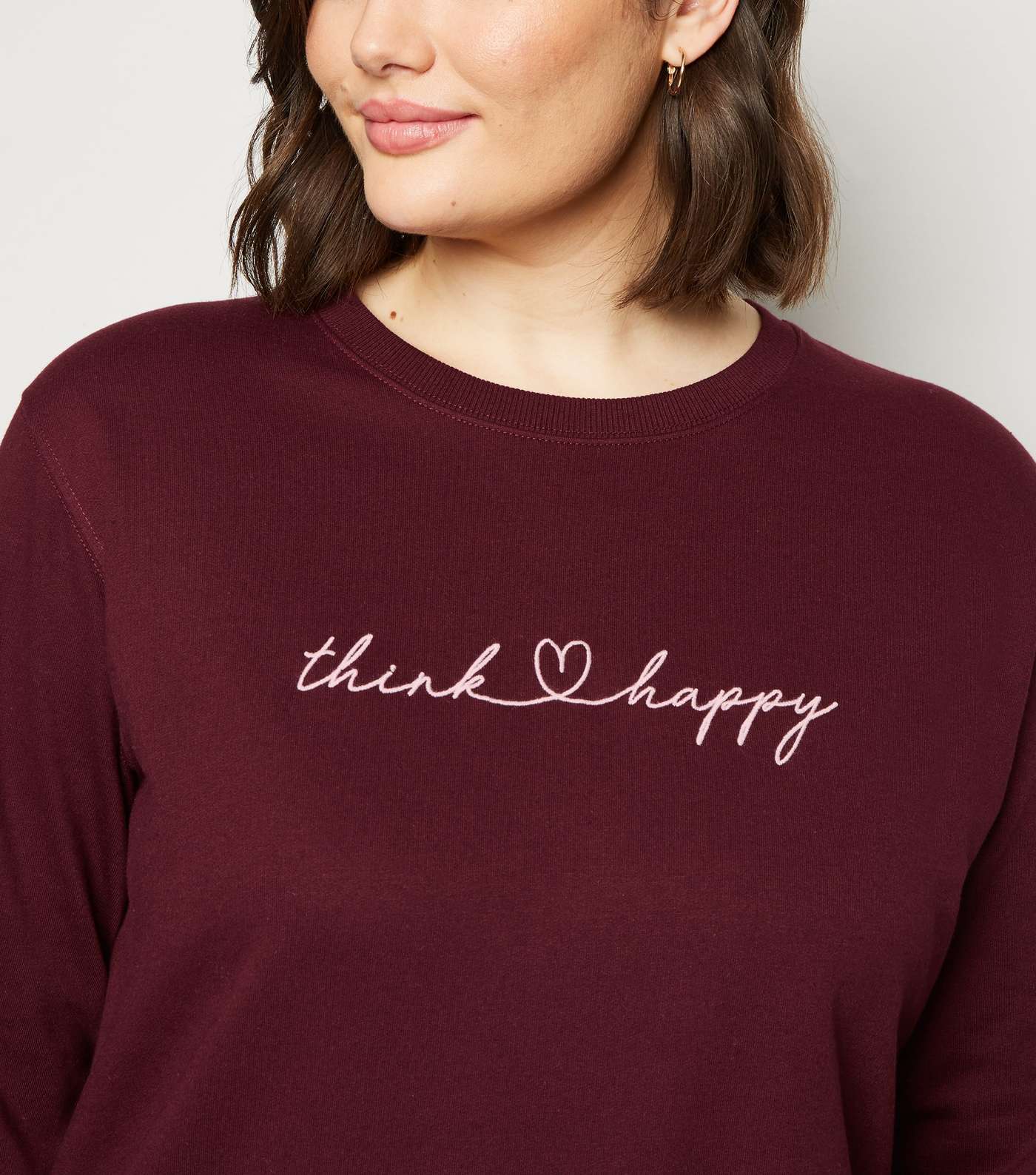 Curves Burgundy Think Happy Slogan Sweatshirt Image 5