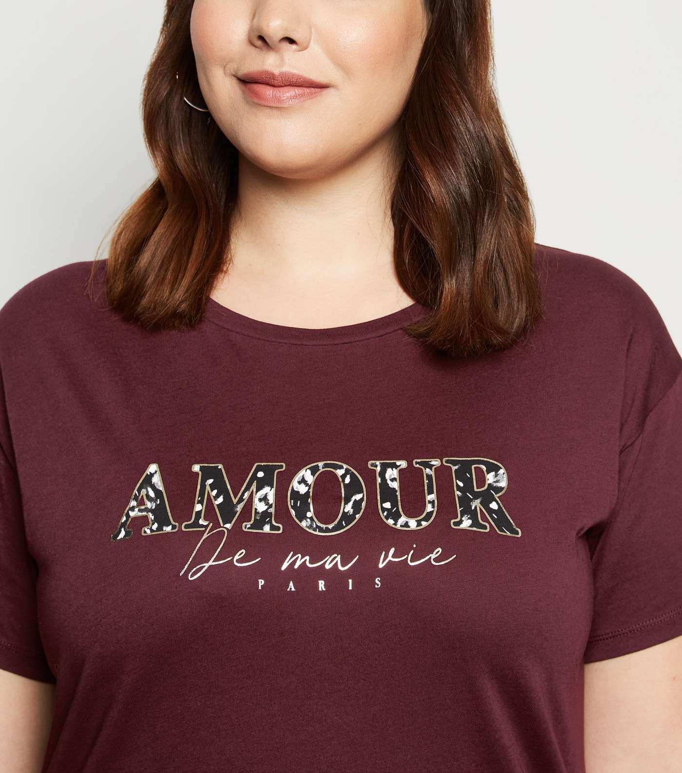Curves Burgundy Amour Leopard Print Slogan T-Shirt Image 5