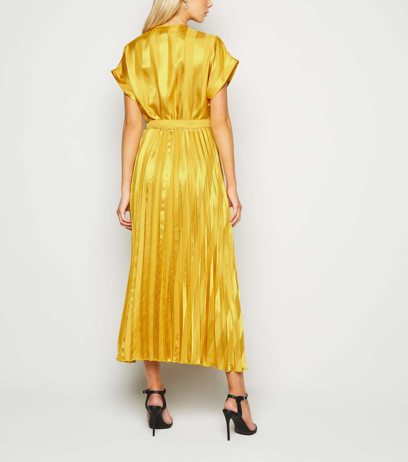 Mustard Stripe Satin Pleated Midi Dress Image 3