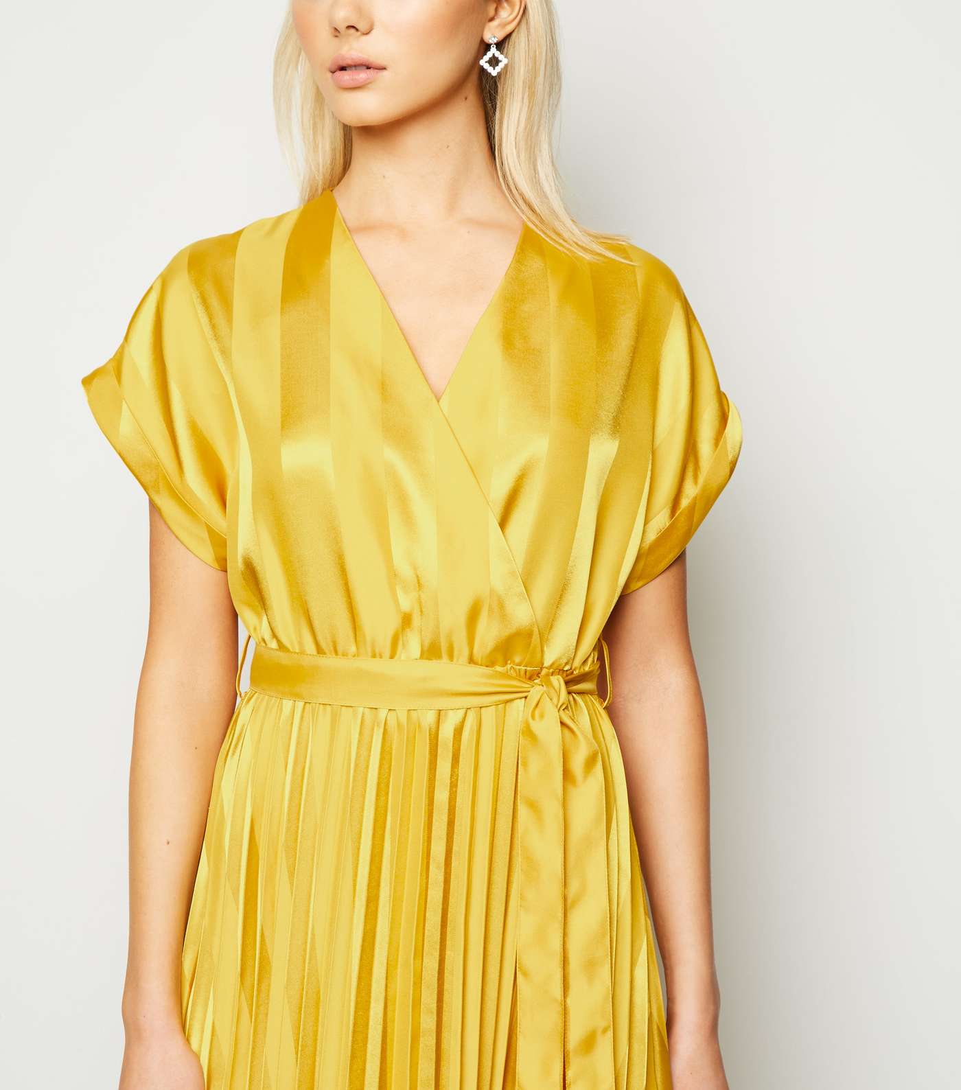 Mustard Stripe Satin Pleated Midi Dress Image 5