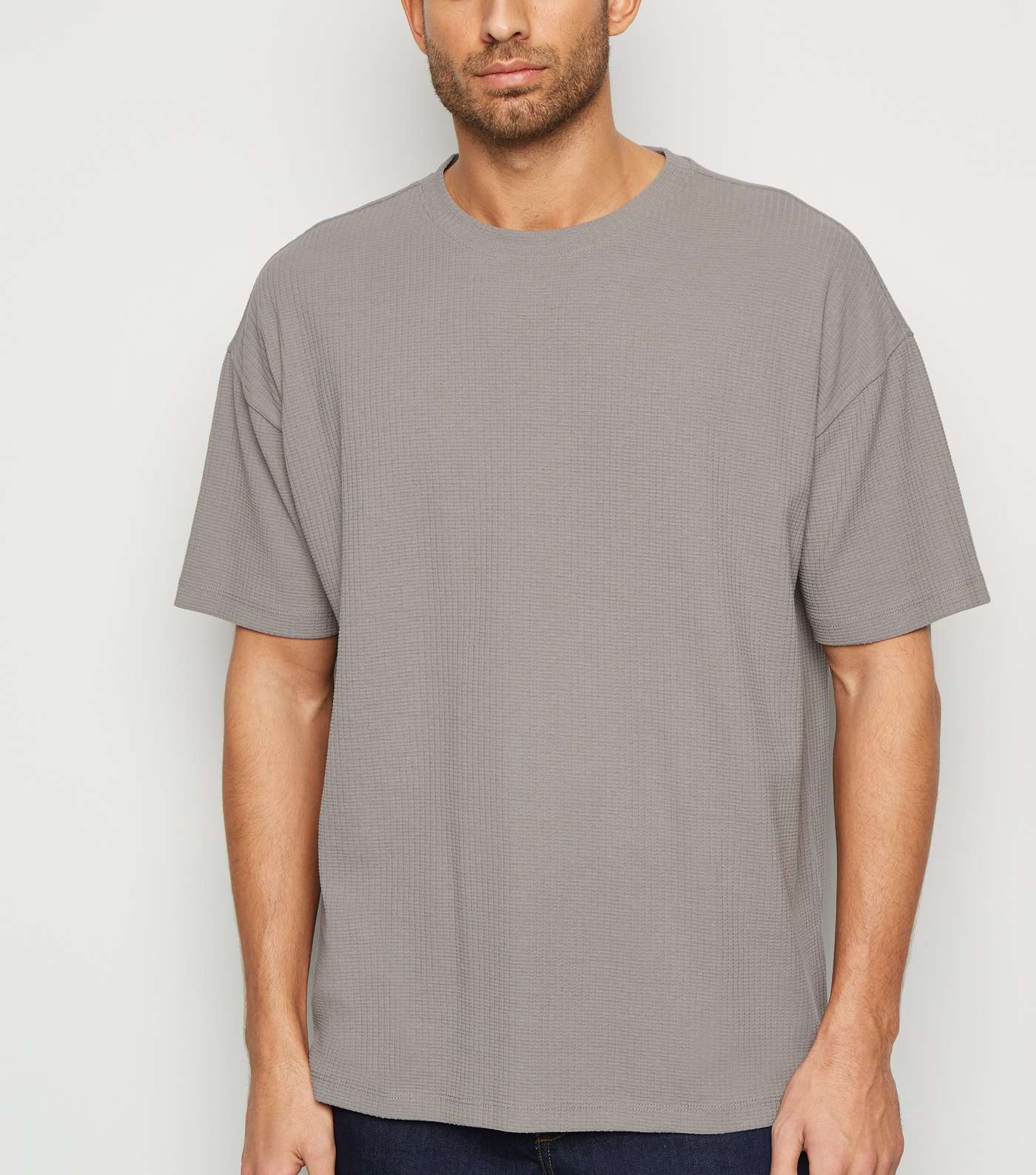 Pale Grey Textured Grid Oversized T-Shirt