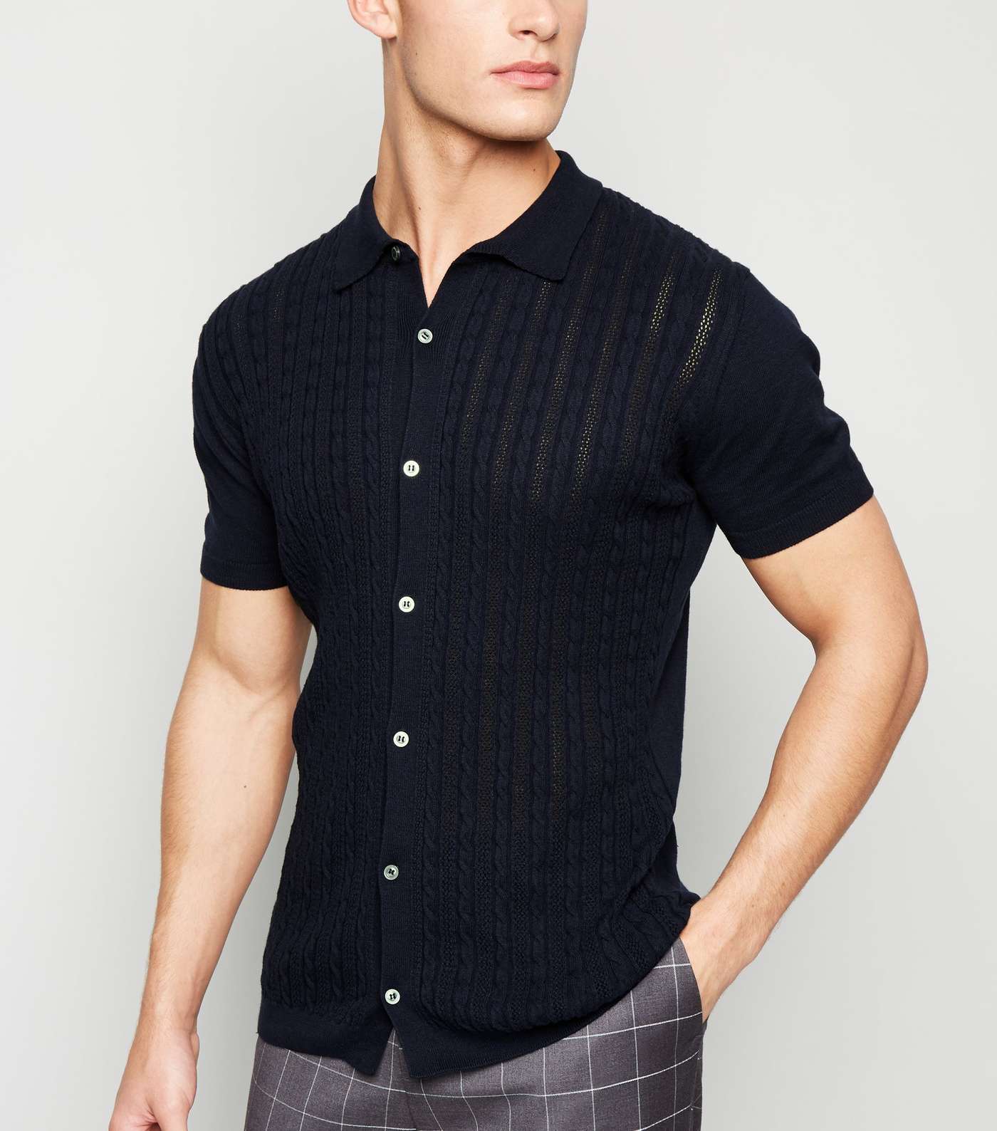 Navy Cable Knit Button Up Polo Shirt