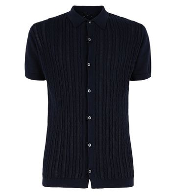 Image of Navy Cable Knit Button Up Polo Shirt New Look