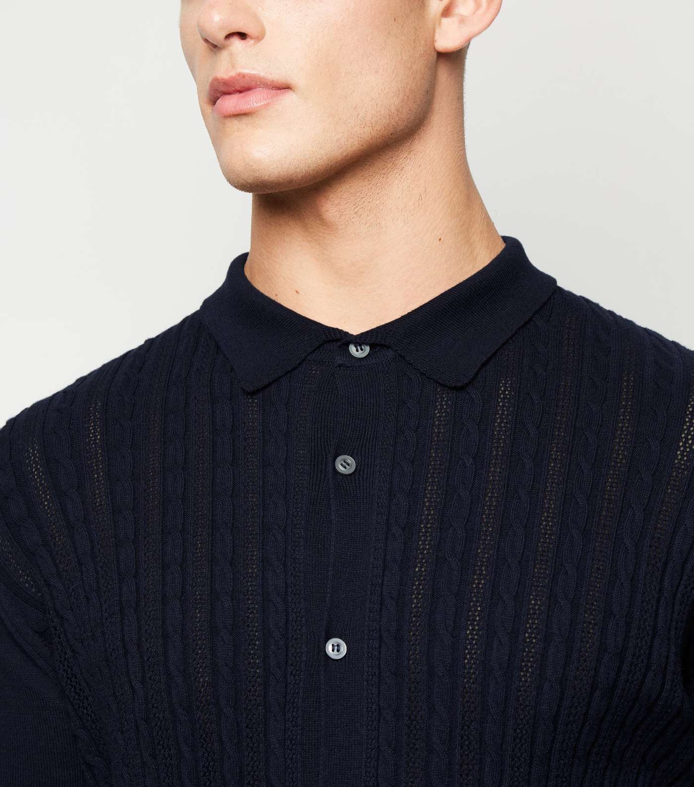 Navy Cable Knit Button Up Polo Shirt Image 5