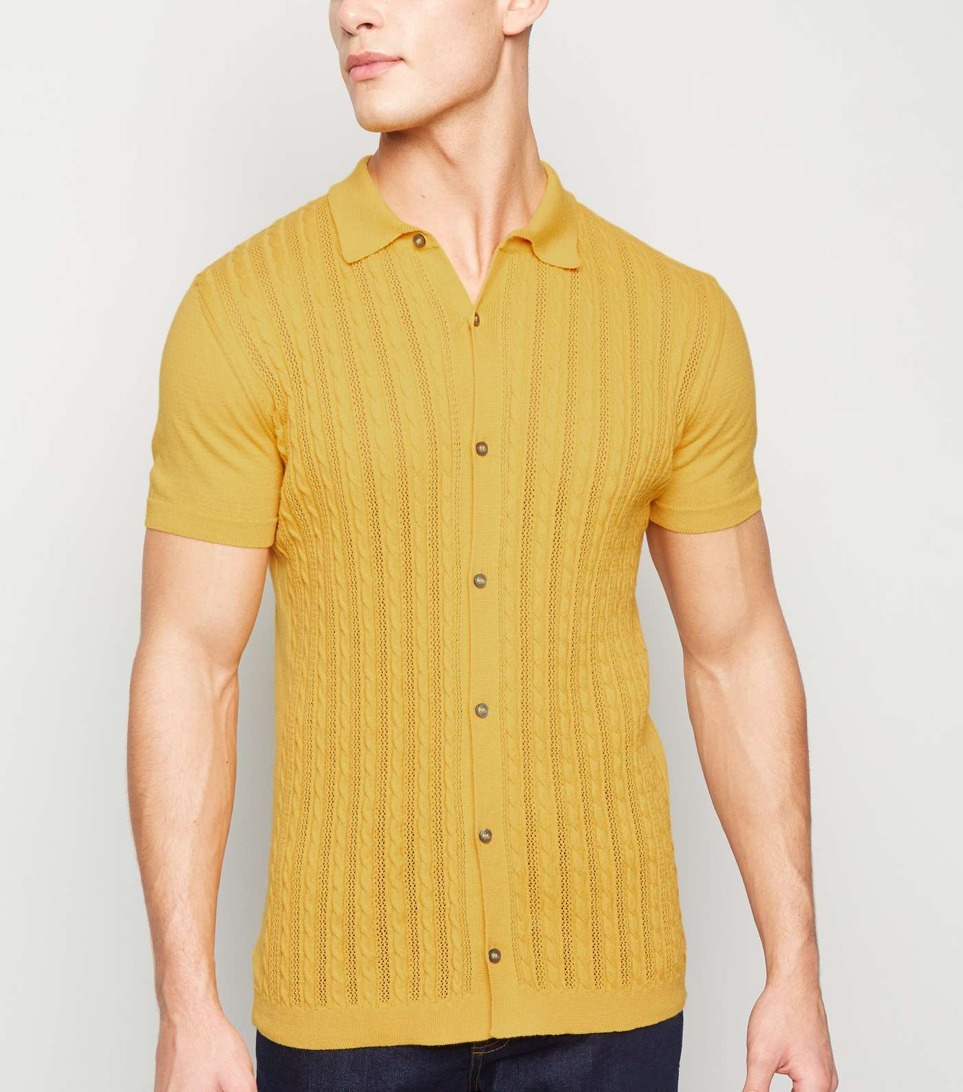 Yellow Cable Knit Button Up Polo Shirt