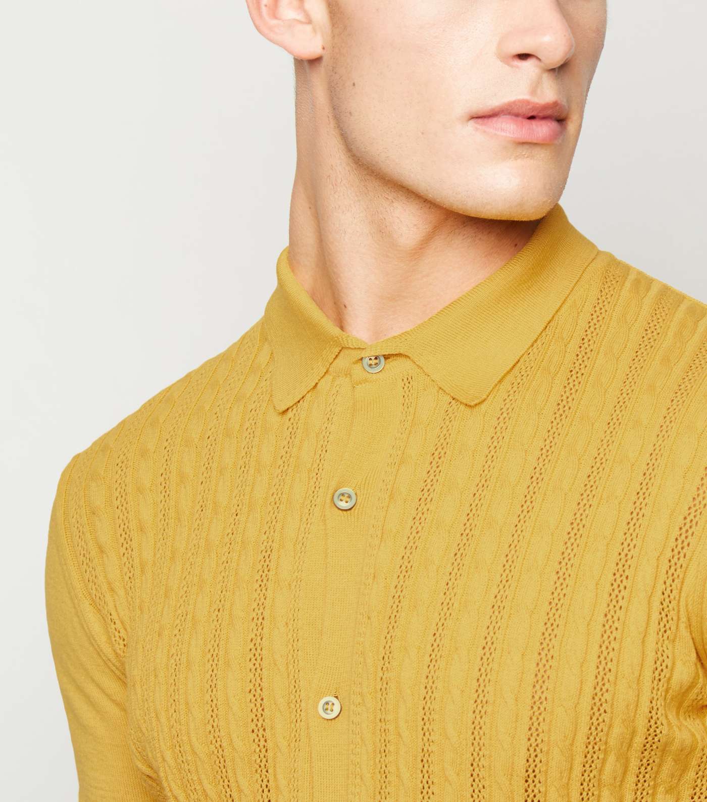 Yellow Cable Knit Button Up Polo Shirt Image 5