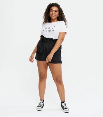 Image of Black Tie Waist Denim Shorts New Look