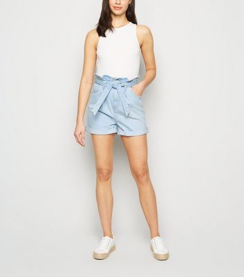 Image of Bright Blue Denim Tie High Waist Shorts New Look